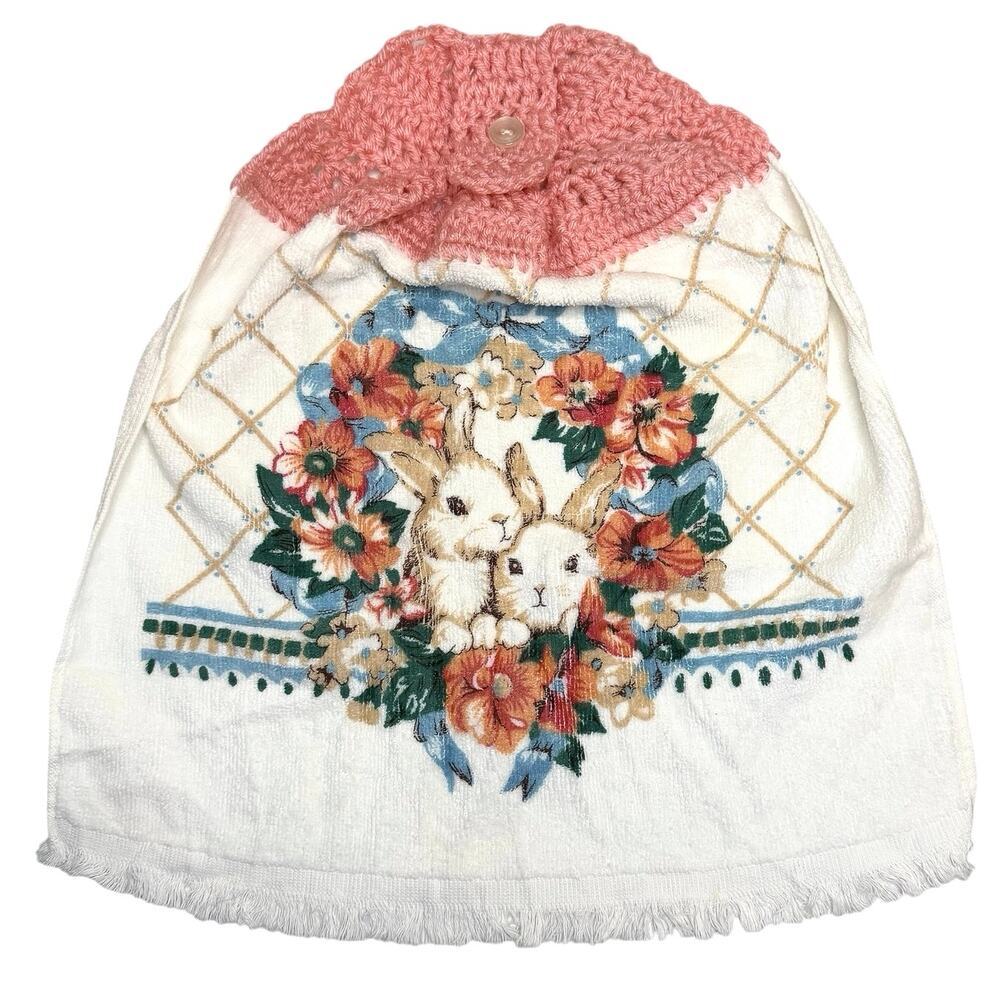 Vintage Crochet Kitchen Spring Bunny Hanging Hand Towel Pink Floral Cotton